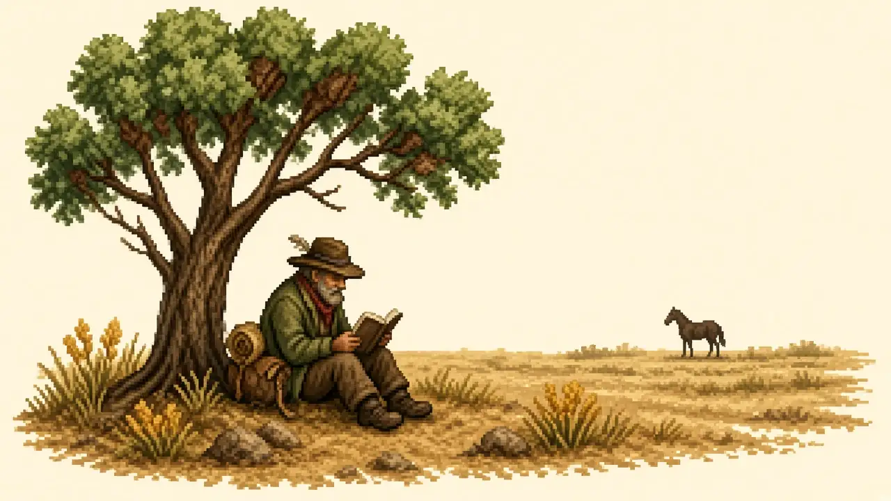 Illustration: a swagman reads in the shade of a gum tree while a horse grazes on the dry plain.