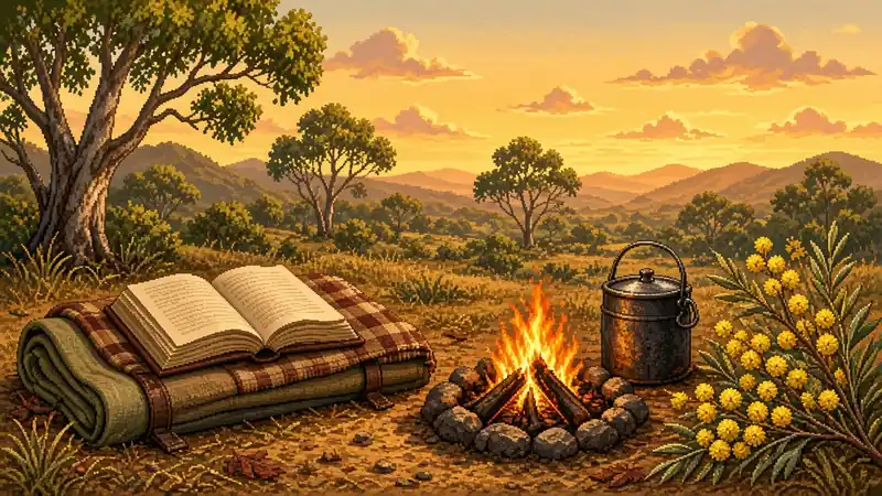 Illustration: an open book on a swag beside a campfire and a billy, with gum trees, wattle and hills at sunset.